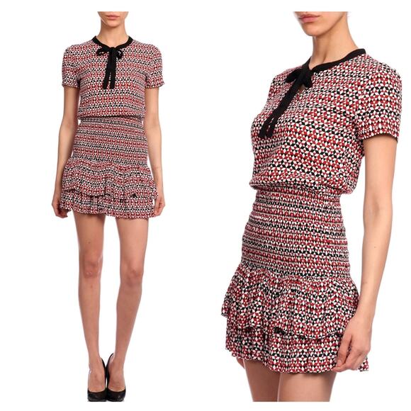 Maje A-Line Dress Red Printed Ruffle Dress with neck tie size Small 1 - Picture 1 of 8